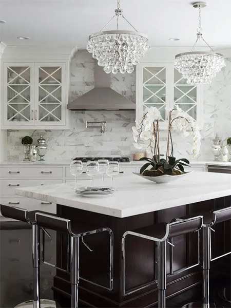A Chic Glam Kitchen With White Cabinets And A Chocolate Brown Kitchen Island Crystal Chandeliers Elegant Curved Stools Page Image A Chic Glam Kitchen With White Cabinets And A Chocolate Brown Kitchen Island Crystal Chandeliers Elegant Curved Stools Page Image