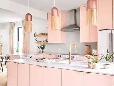A Feminine Glam Kitchen With Pink Cabinets A Grey Backsplash And White Countertops Dusty Pink Pendant Lamps With Fringe 1920w A Feminine Glam Kitchen With Pink Cabinets A Grey Backsplash And White Countertops Dusty Pink Pendant Lamps With Fringe 1920w