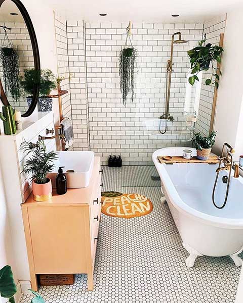 Peach Painted Bathroom Vanity Dresser In Boho Bathroom Via Homebythestation 1920w