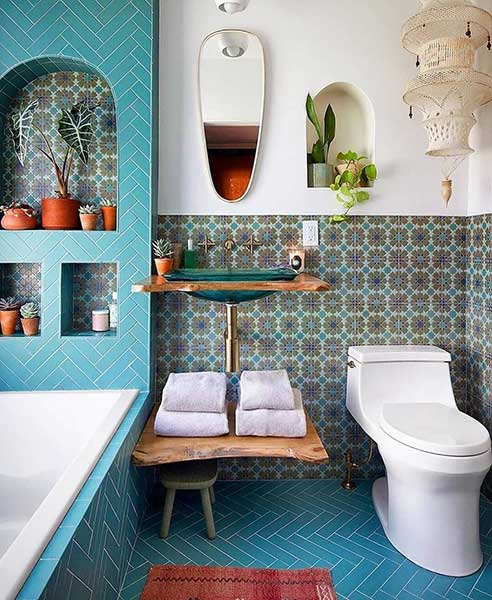 Teal Glass Sink In Boho Bathroom Via Justinablakeney 1920w